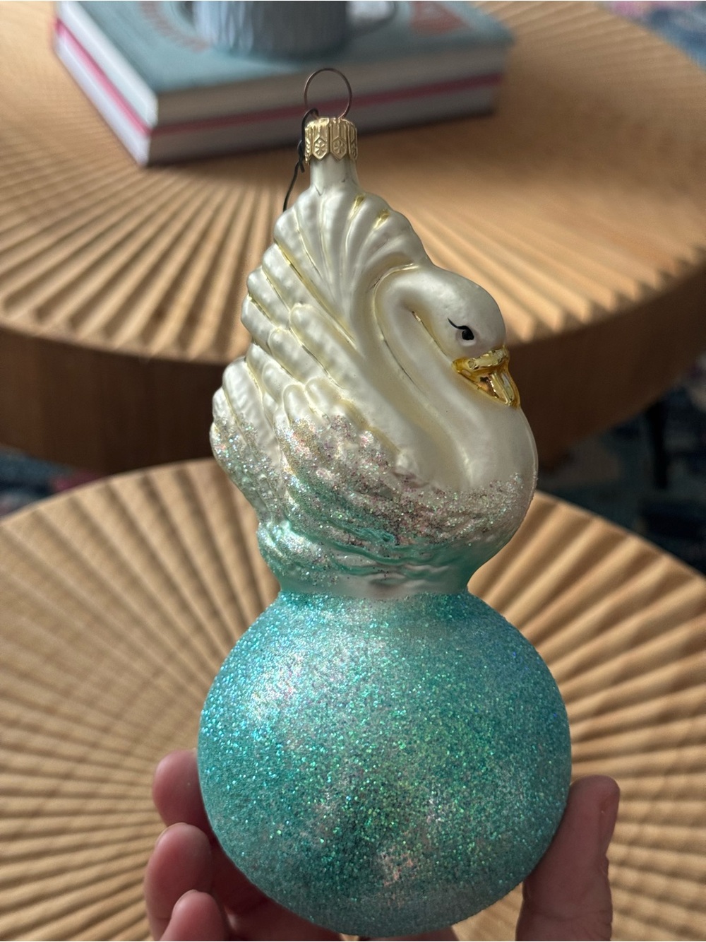 Vintage Christopher Radko "Swan Lake on Blue Glittery Ball" ornament from 1995